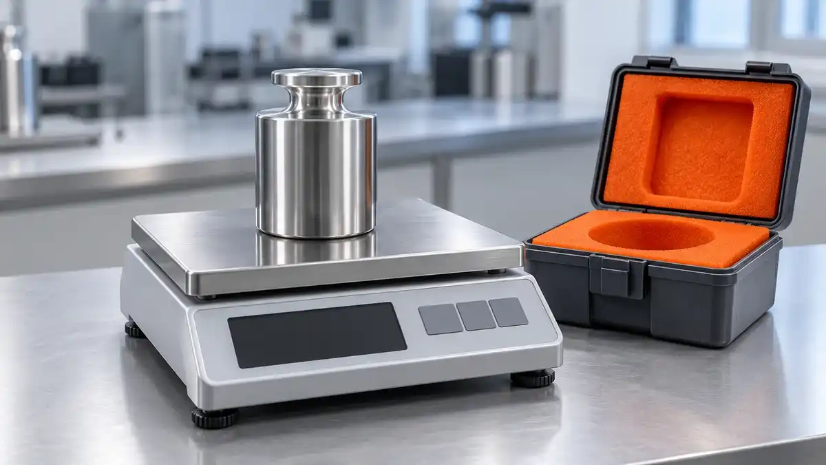 Massa-padrão de inox sobre o prato de uma balança de bancada, com um estojo de espuma laranja aberto ao lado