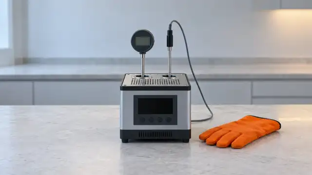 Forno de calibração com uma sonda e um indicador digital nos poços, e uma luva laranja ao lado