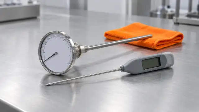 Termômetro bimetálico de haste e termômetro digital de espeto sobre a bancada clara do laboratório