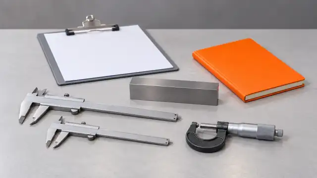 Material de curso na bancada: paquímetros, micrômetro, bloco de aço, caderno laranja e prancheta