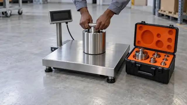 Mãos de uniforme colocam uma massa-padrão numa balança de piso, ao lado de uma maleta de pesos aberta