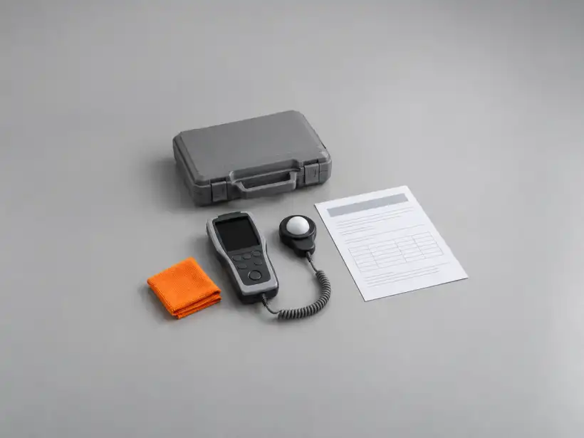 Luxímetro de mão com sensor junto de um certificado de calibração, com uma maleta de transporte ao fundo