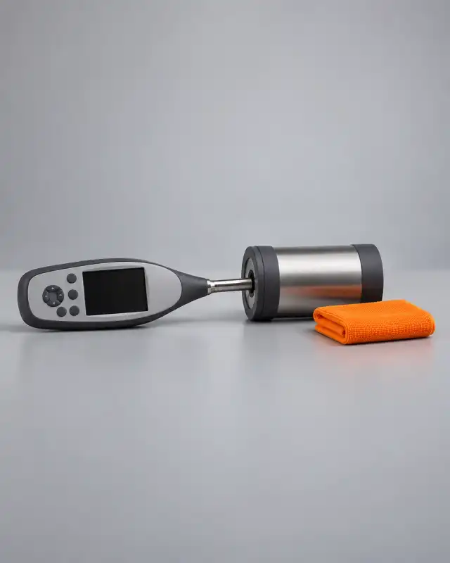 Decibelímetro de mão com o microfone acoplado a um calibrador acústico, visto de perto