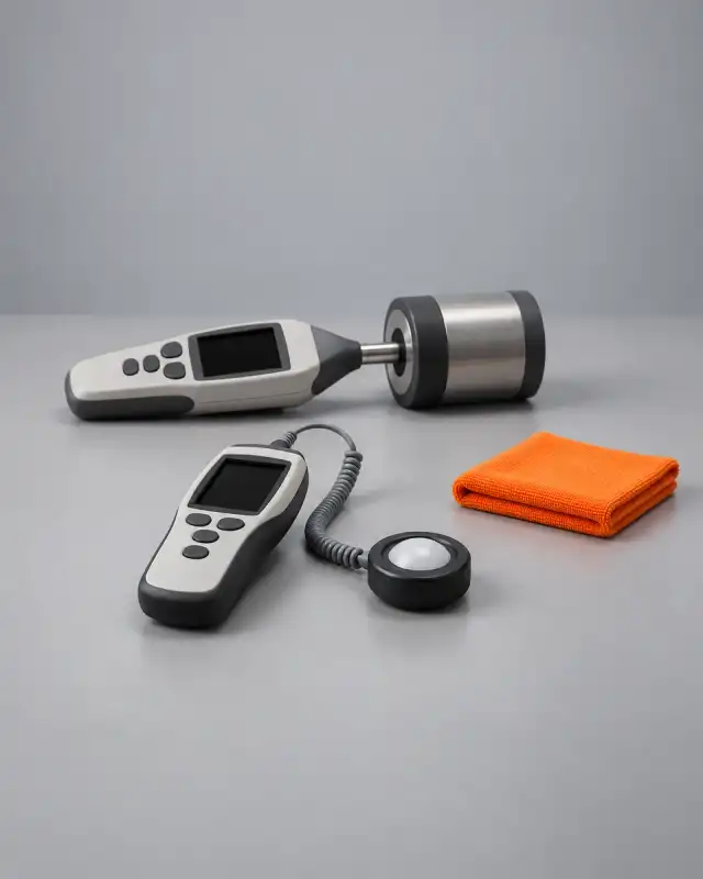 Luxímetro de mão com o sensor apoiado na bancada e, atrás, um decibelímetro com o microfone acoplado a um calibrador acústico